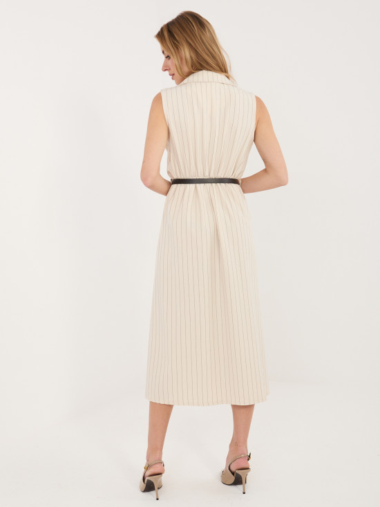 Beiges ausgestelltes Midi-Kleid mit Gürtel und Kragen