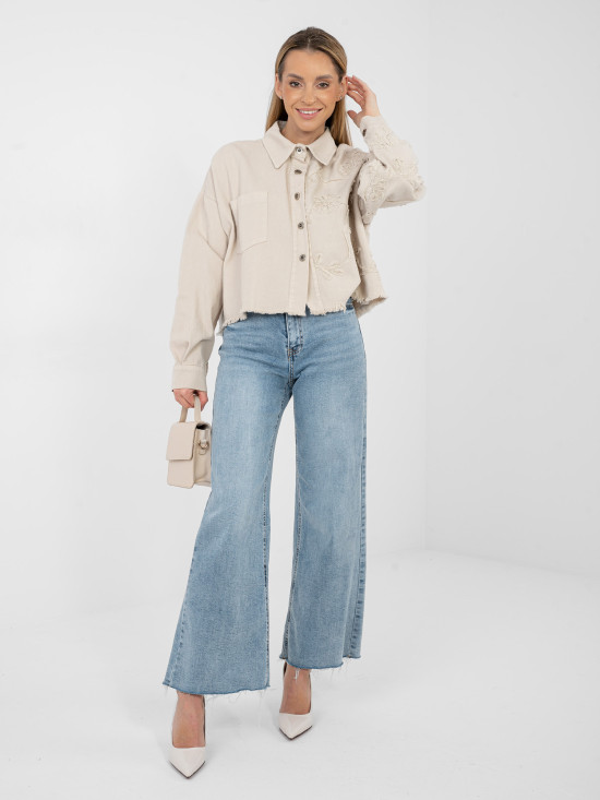 Beige kurze Jeansjacke mit Blumenapplikation