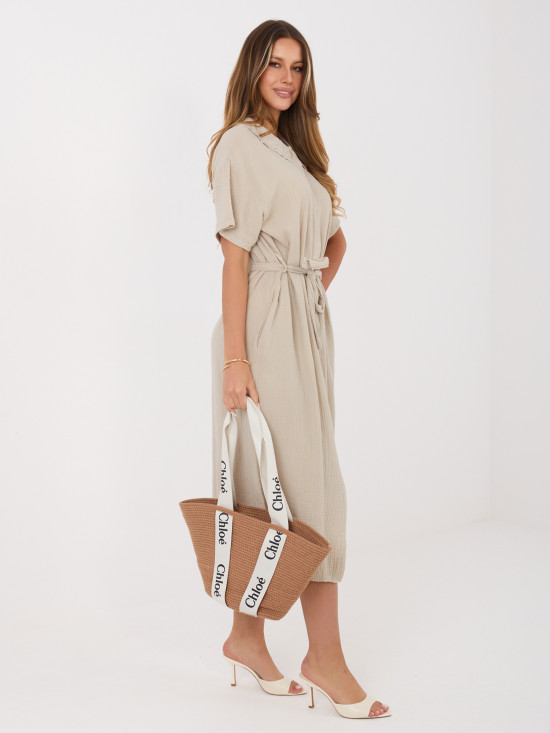 Beiges ausgestelltes Midi-Kleid mit Gürtel und Taschen