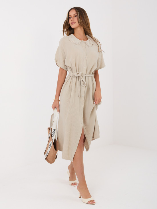 Beiges ausgestelltes Midi-Kleid mit Gürtel und Taschen