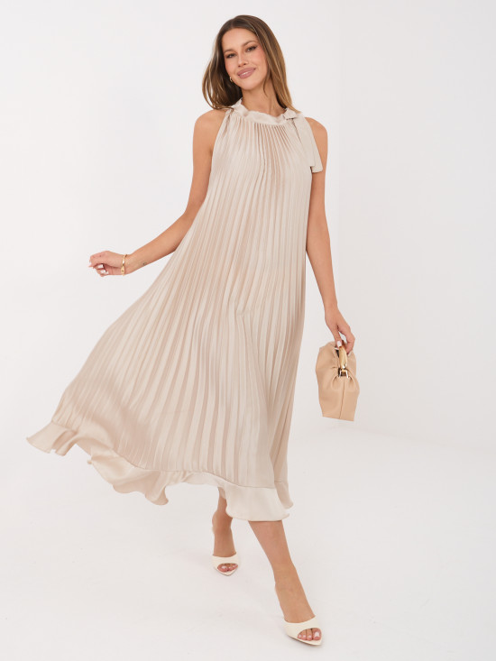 Beiges Cocktail-Midikleid mit Bindegürtel und Volant