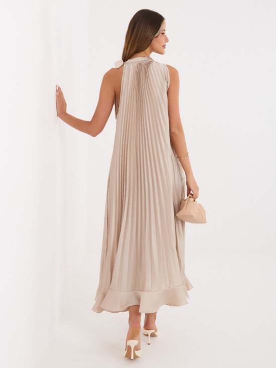 Beiges Cocktail-Midikleid mit Bindegürtel und Volant