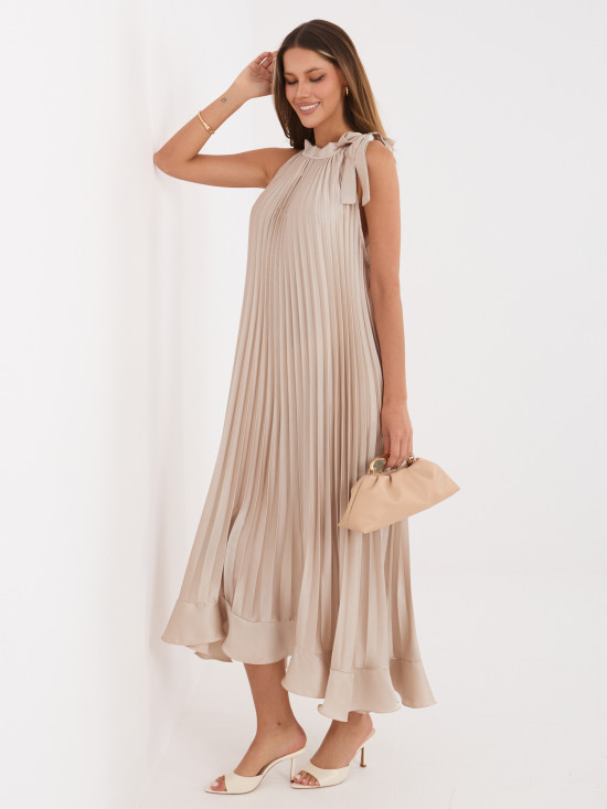 Beiges Cocktail-Midikleid mit Bindegürtel und Volant