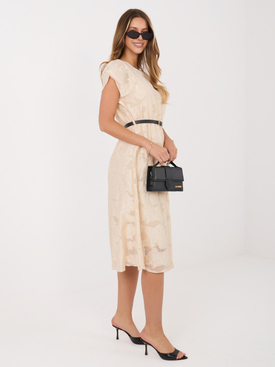 Beiges ausgestelltes Midi-Kleid mit Gürtel