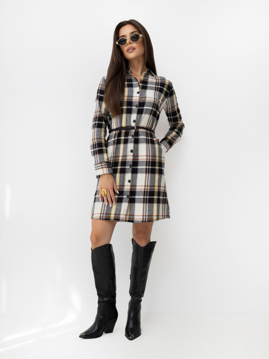 Schwarz-beiges Hemdblusenkleid mit Gürtel und Taschen