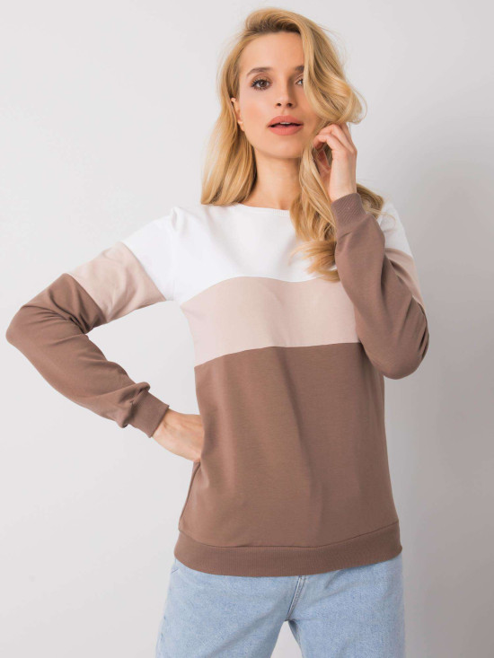 Weiß-braunes Damen-Sweatshirt mit Rundhalsausschnitt