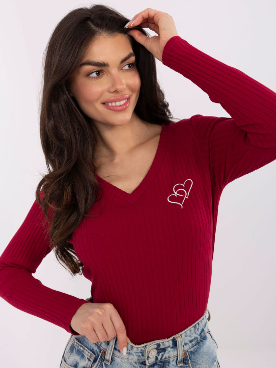 Bordeauxfarbene Bluse mit Stickerei und V-Ausschnitt