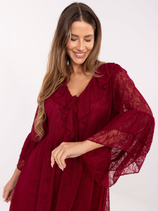 Bordeauxfarbenes A-Linien-Minikleid mit Spitze und Schnürung