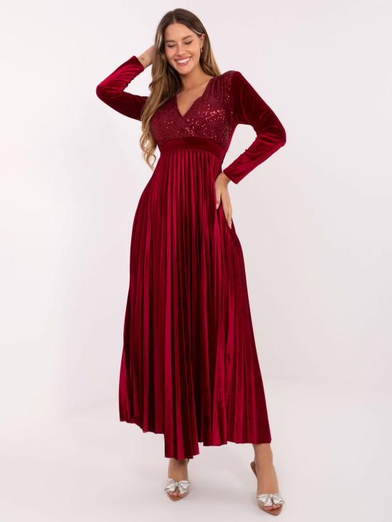 Bordeauxfarbenes Maxi-Kleid mit Gürtel und Pailletten
