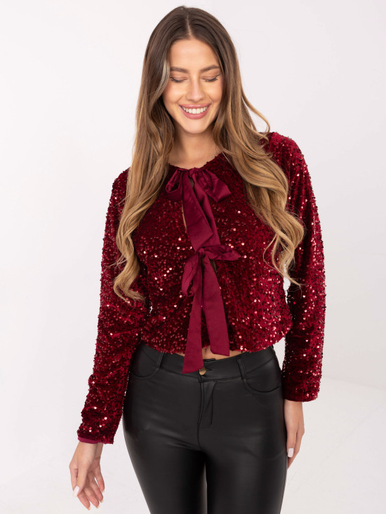 Eleganter kurzer Cardigan in Bordeaux mit Pailletten und Futter