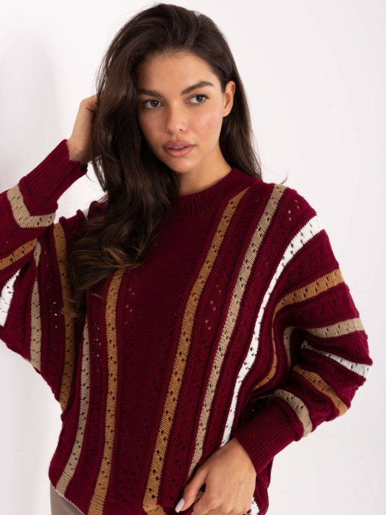 Bordeauxfarbener Ajour-Pullover mit Streifen