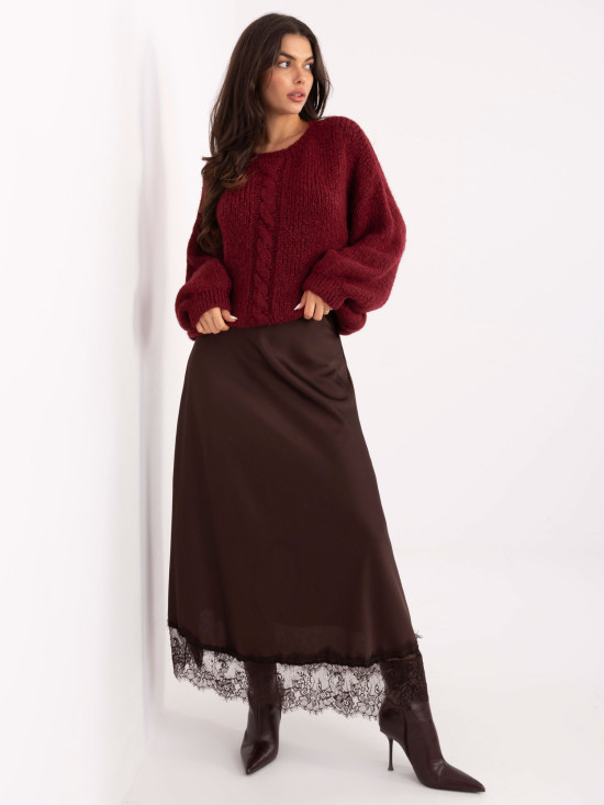 Bordeauxfarbener Pullover mit Rundhalsausschnitt und Puffärmeln