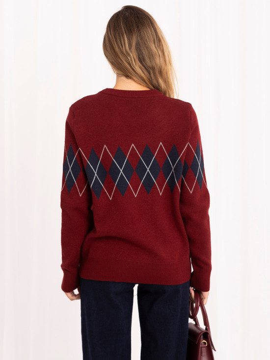 Bordeauxfarbener Pullover mit geometrischem Muster und Rundhalsausschnitt