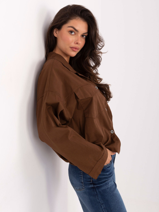 Braunes Baumwollhemd mit langen Ärmeln und Taschen