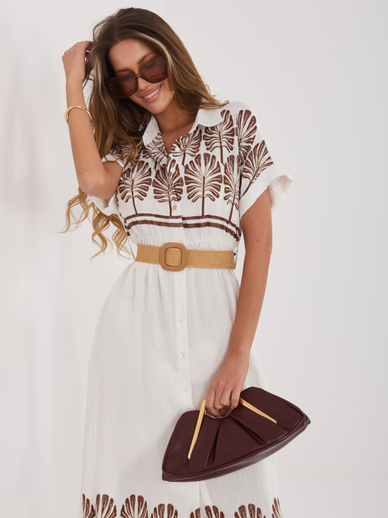 Weiß-braunes Hemdblusenkleid mit Stickerei und Gürtel, midi
