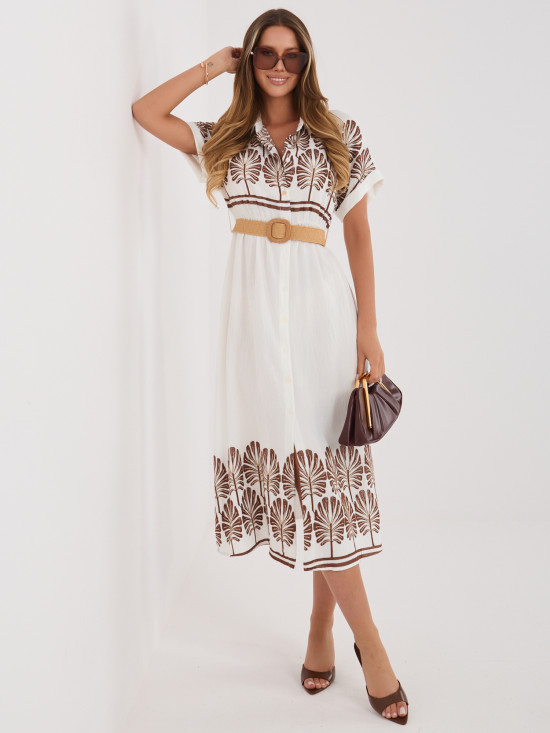 Weiß-braunes Hemdblusenkleid mit Stickerei und Gürtel, midi