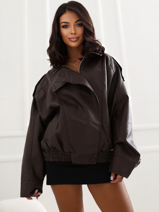 Braune Übergangsjacke aus Kunstleder mit Stehkragen