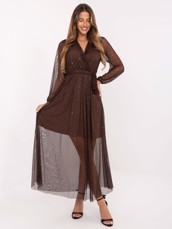 Braunes Maxi-Kleid mit Applikation und Gürtel