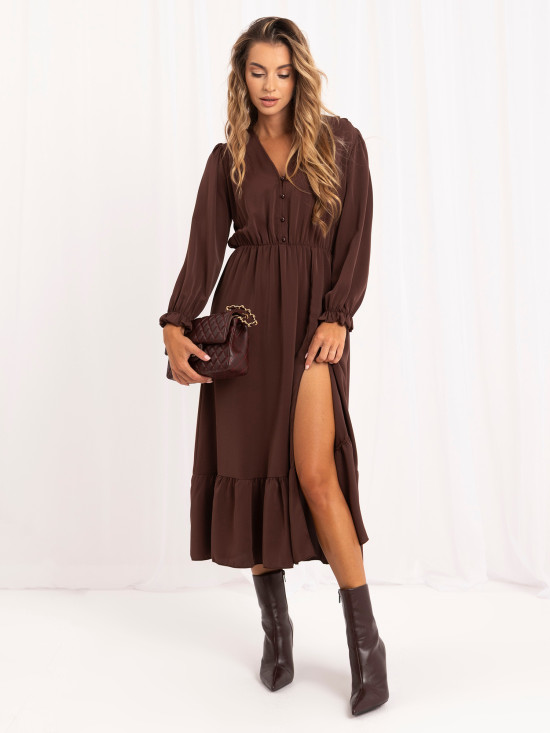 Braunes Midi-Kleid mit Volant und V-Ausschnitt