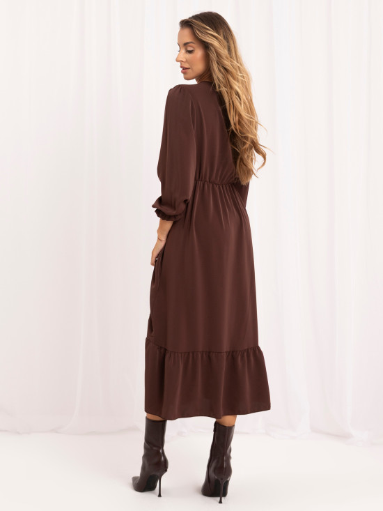 Braunes Midi-Kleid mit Volant und V-Ausschnitt