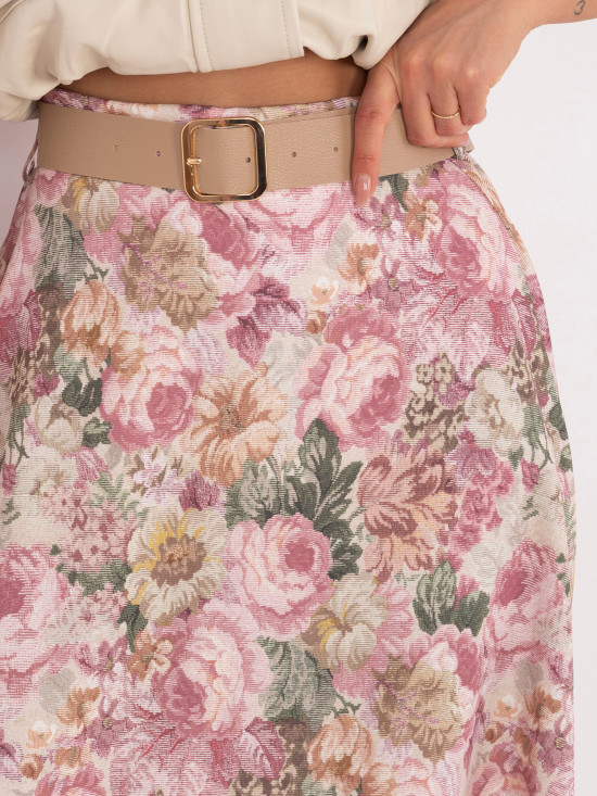 Eleganter Midirock mit Blumenmuster und Gürtel, rosa