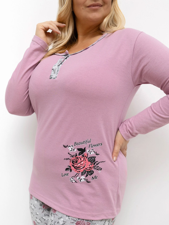 Damen-Pyjama mit Blumenmuster, langarm, rosa