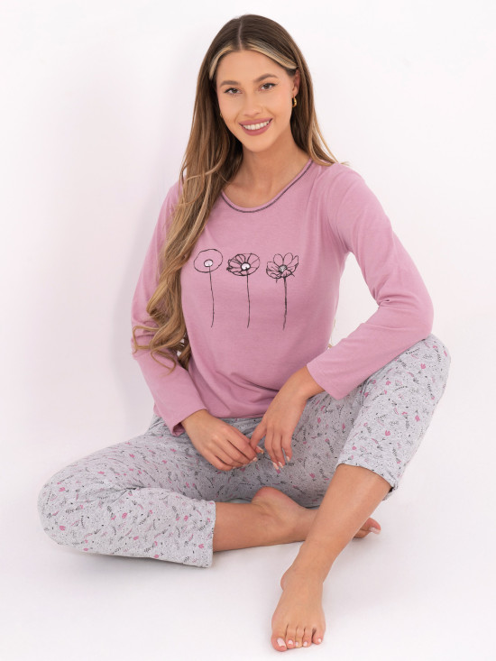 Damen Baumwoll-Pyjama mit Print, rosa