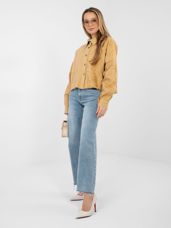 Kurze braune Jeansjacke mit Blumenapplikation