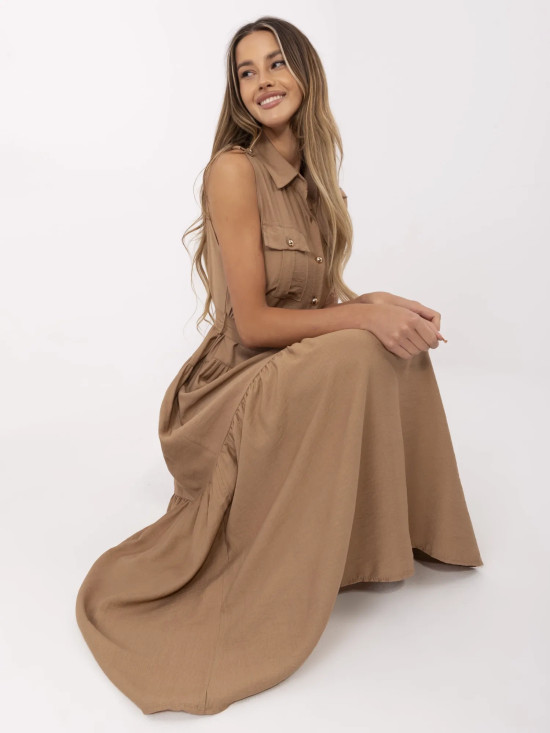 Maxikleid mit Volants und Gürtel in Camel