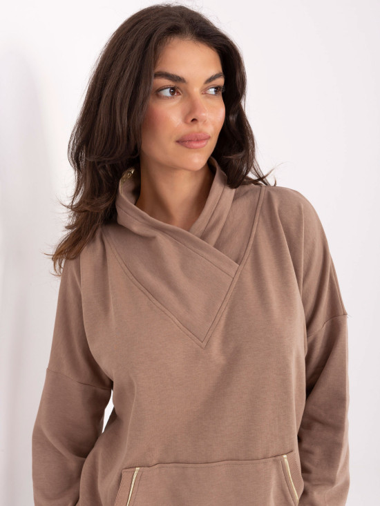 Beiges Baumwoll-Sweatshirt mit Kragen und Tasche