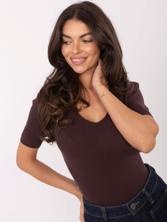 Brauner Rippstrickpullover mit V-Ausschnitt