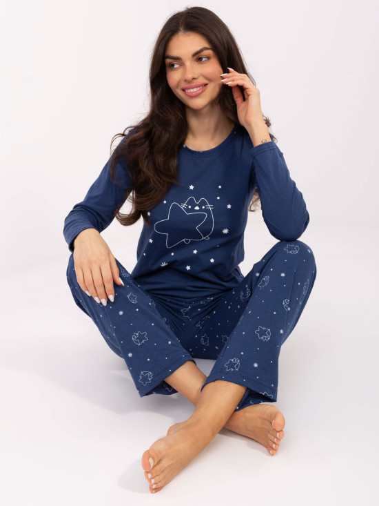 Damen-Pyjama mit langen Ärmeln in Dunkelblau