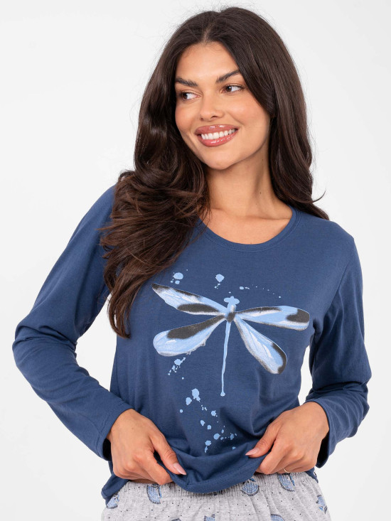 Damen-Schlafanzug aus Baumwolle, langarm, dunkelblau