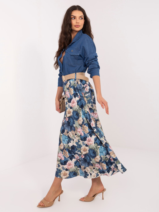 Eleganter Midirock mit Blumenmuster und Gürtel, dunkelblau