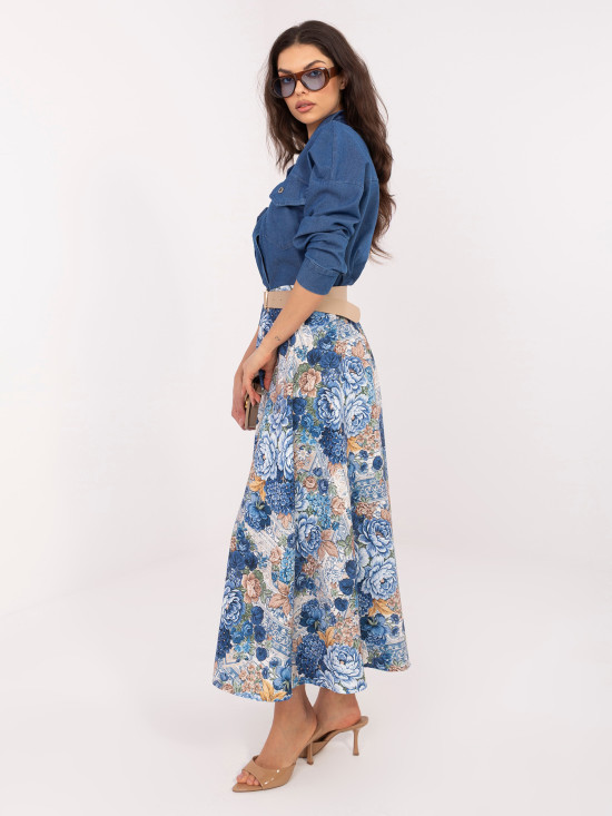 Eleganter Midirock mit Blumenmuster und Gürtel, dunkelblau