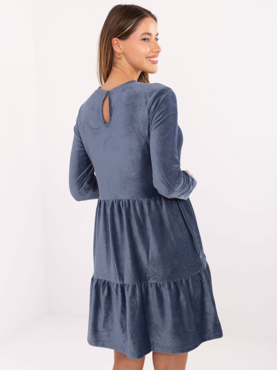 Dunkelblaues ausgestelltes Kleid mit Volant