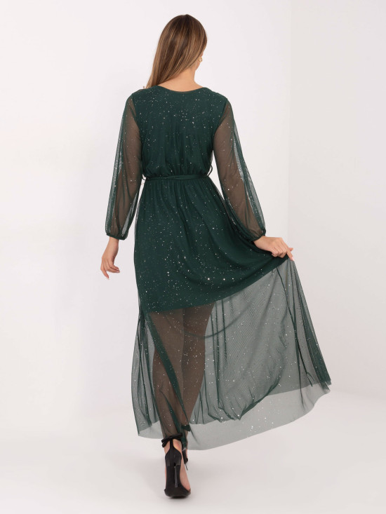 Elegantes Maxi-Kleid mit Applikation und Gürtel, dunkelgrün