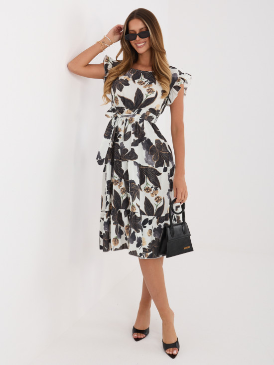 Schwarzes Midi-Kleid mit Print und Gürtel