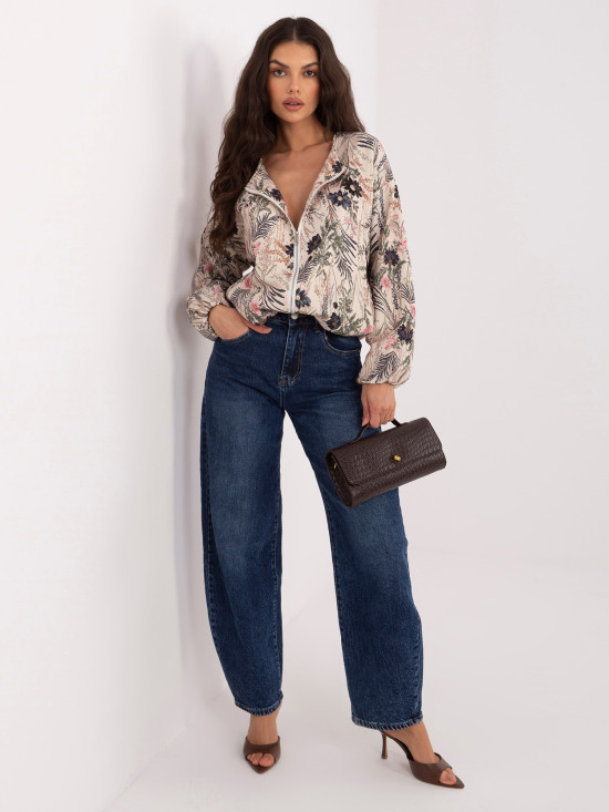 Schwarze Bomberjacke mit Blumenmuster und Puffärmeln