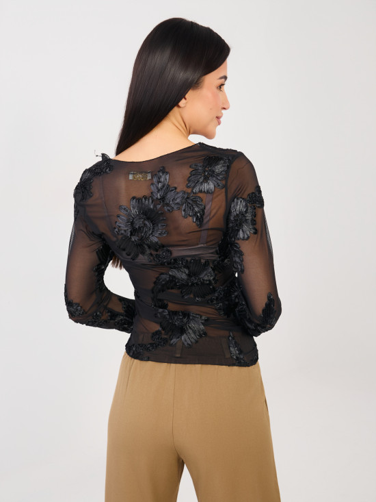 Elegante schwarze Bluse mit Blumenapplikation und Stickerei