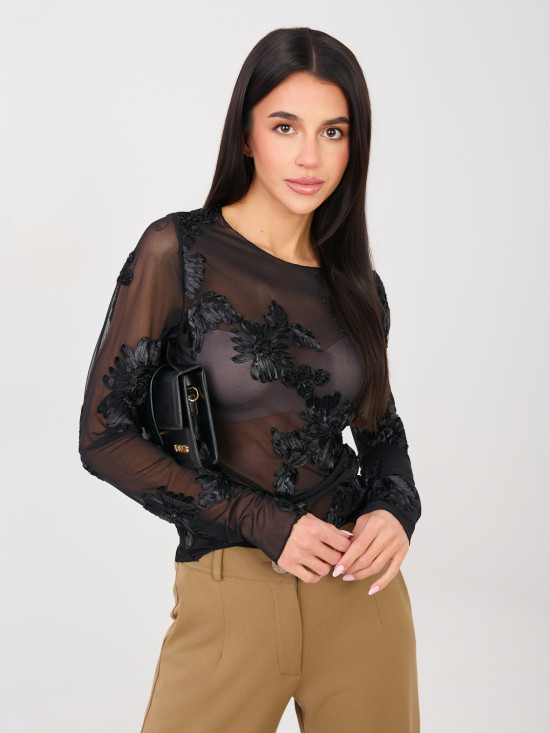 Elegante schwarze Bluse mit Blumenapplikation und Stickerei