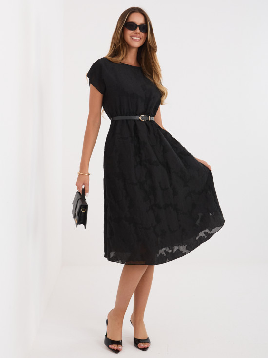 Schwarzes ausgestelltes Midi-Kleid mit Gürtel