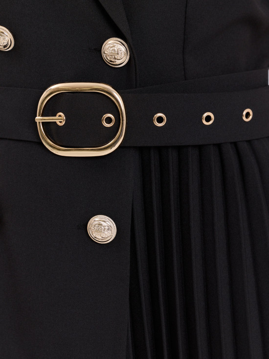 Schwarzes ausgestelltes Midi-Kleid mit Gürtel und Kragen