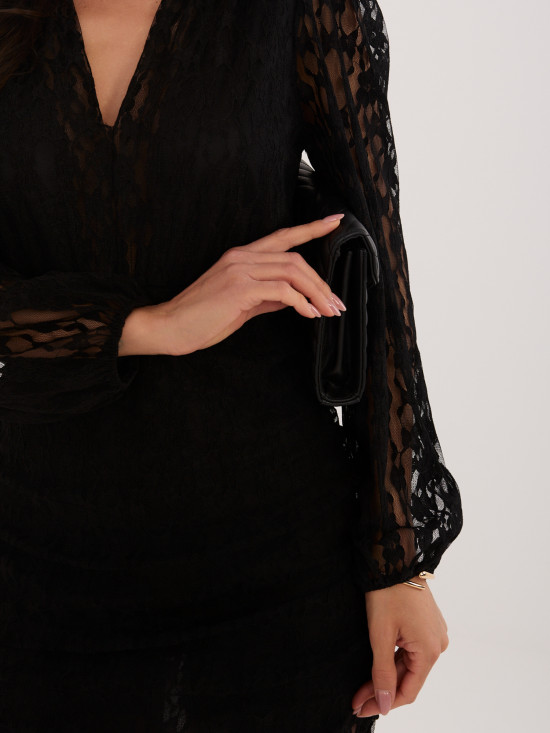 Schwarzes Mini-Cocktailkleid mit Spitze und Puffärmeln