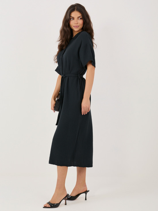 Schwarzes ausgestelltes Midi-Kleid mit Gürtel und Taschen