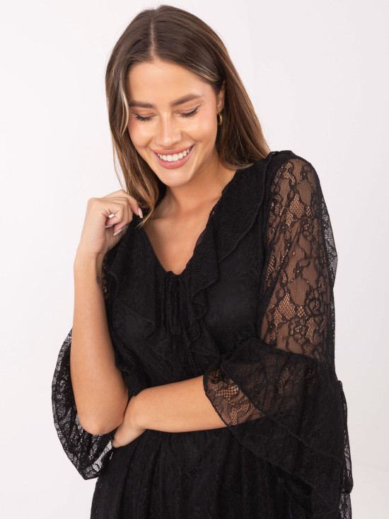 Schwarzes ausgestelltes Minikleid mit Spitze und Schnürung