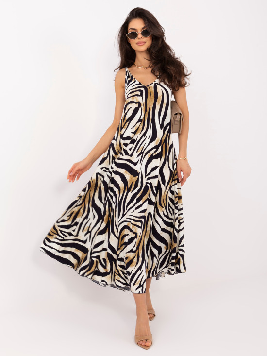 Schwarzes Maxi-Kleid mit V-Ausschnitt und Animal-Print
