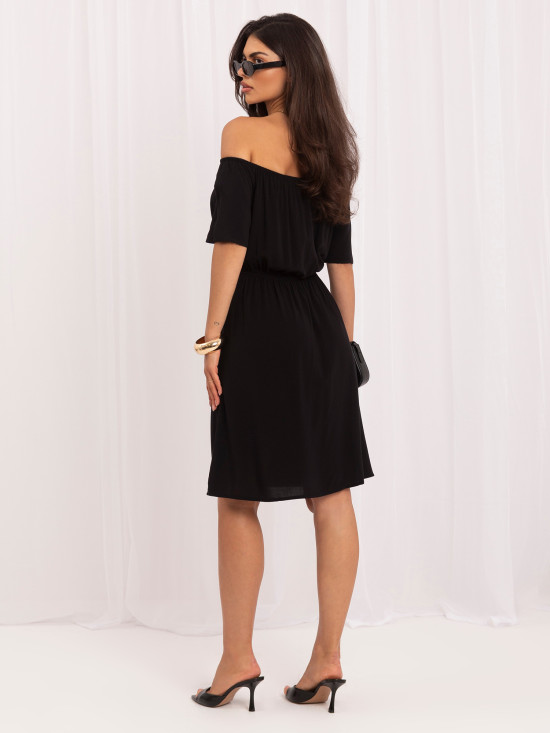 Schwarzes ausgestelltes Sommerkleid mit kurzen Ärmeln und Knöpfen