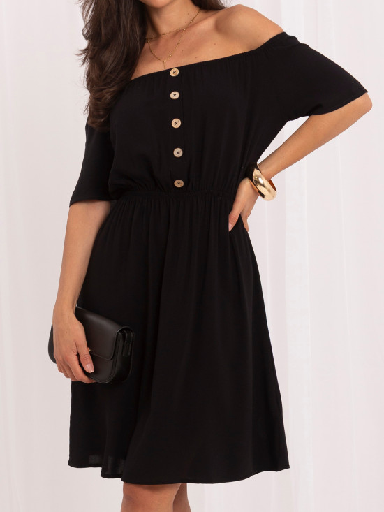 Schwarzes ausgestelltes Sommerkleid mit kurzen Ärmeln und Knöpfen