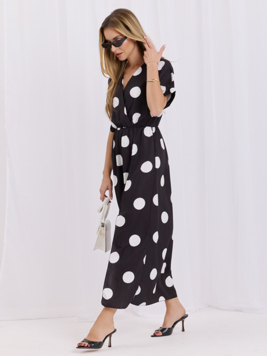 Schwarz-weißes Midi-Kleid mit Punkten und Wickelausschnitt